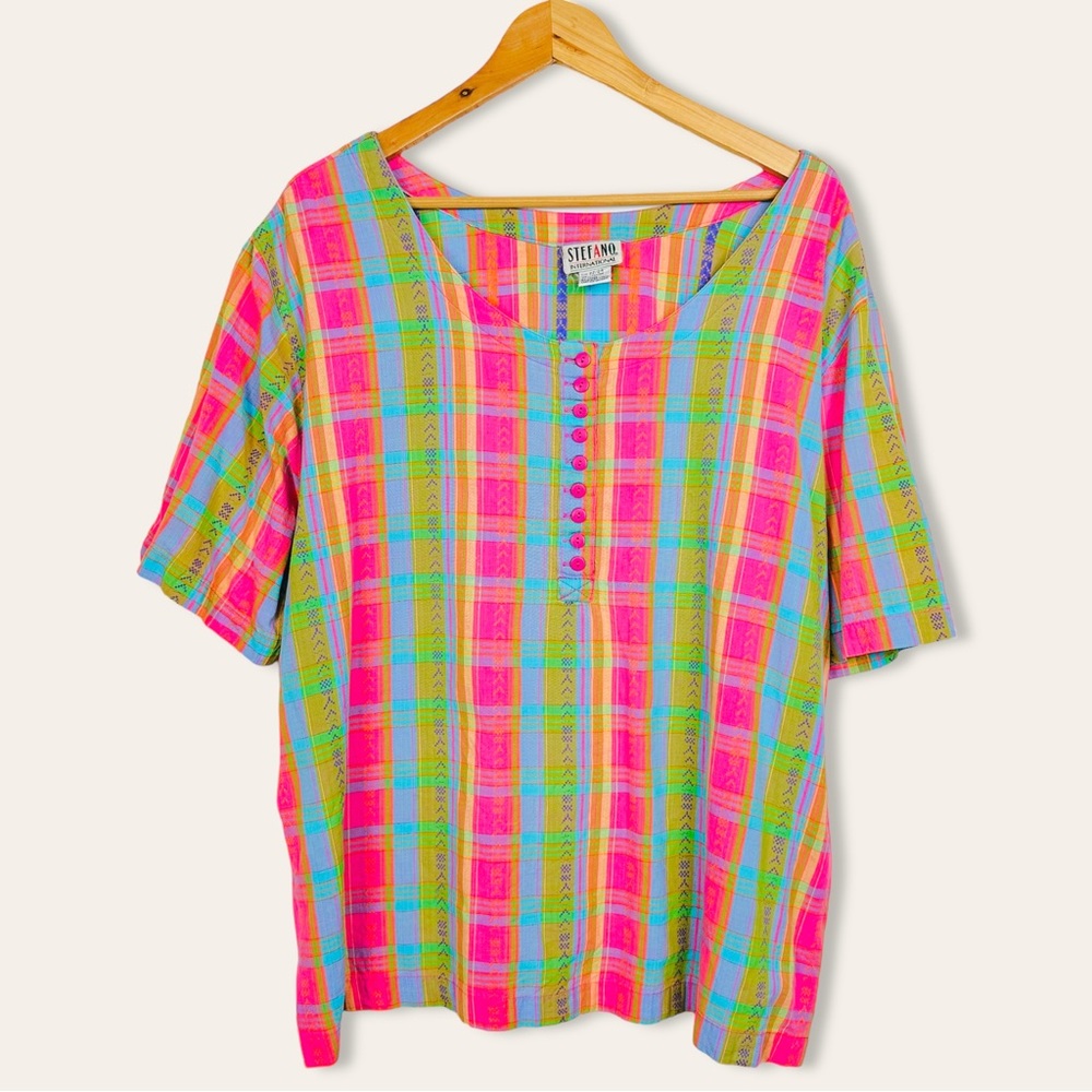 Vintage 80’s Cottagecore  Rainbow Plaid Short Sleeve Oversized Pullover Blouse - Picture 3 of 12